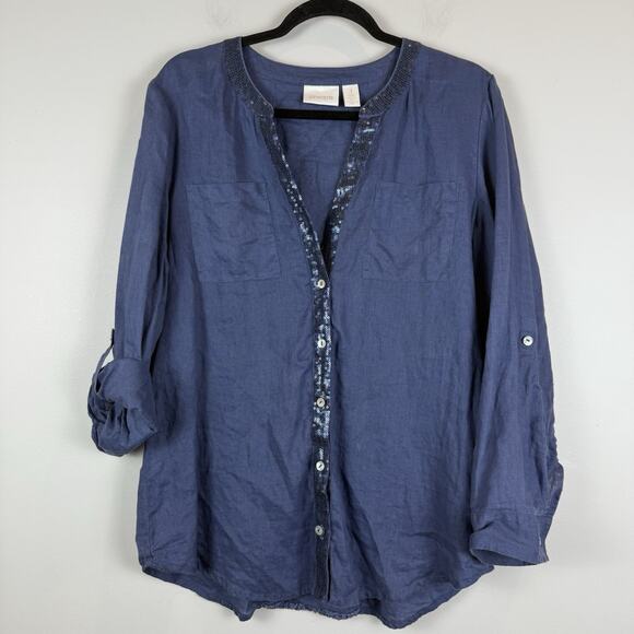 Chico's Linen Top Women 1 US M Blue Sequin Button Up Roll Tab Crochet Beach Boho - Picture 1 of 9